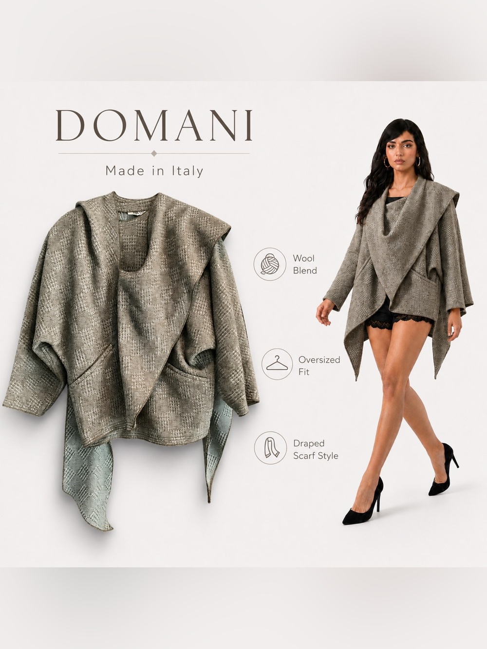 DOMANI Made in Italy Wool Blend Draped Cardigan Jacket One Size